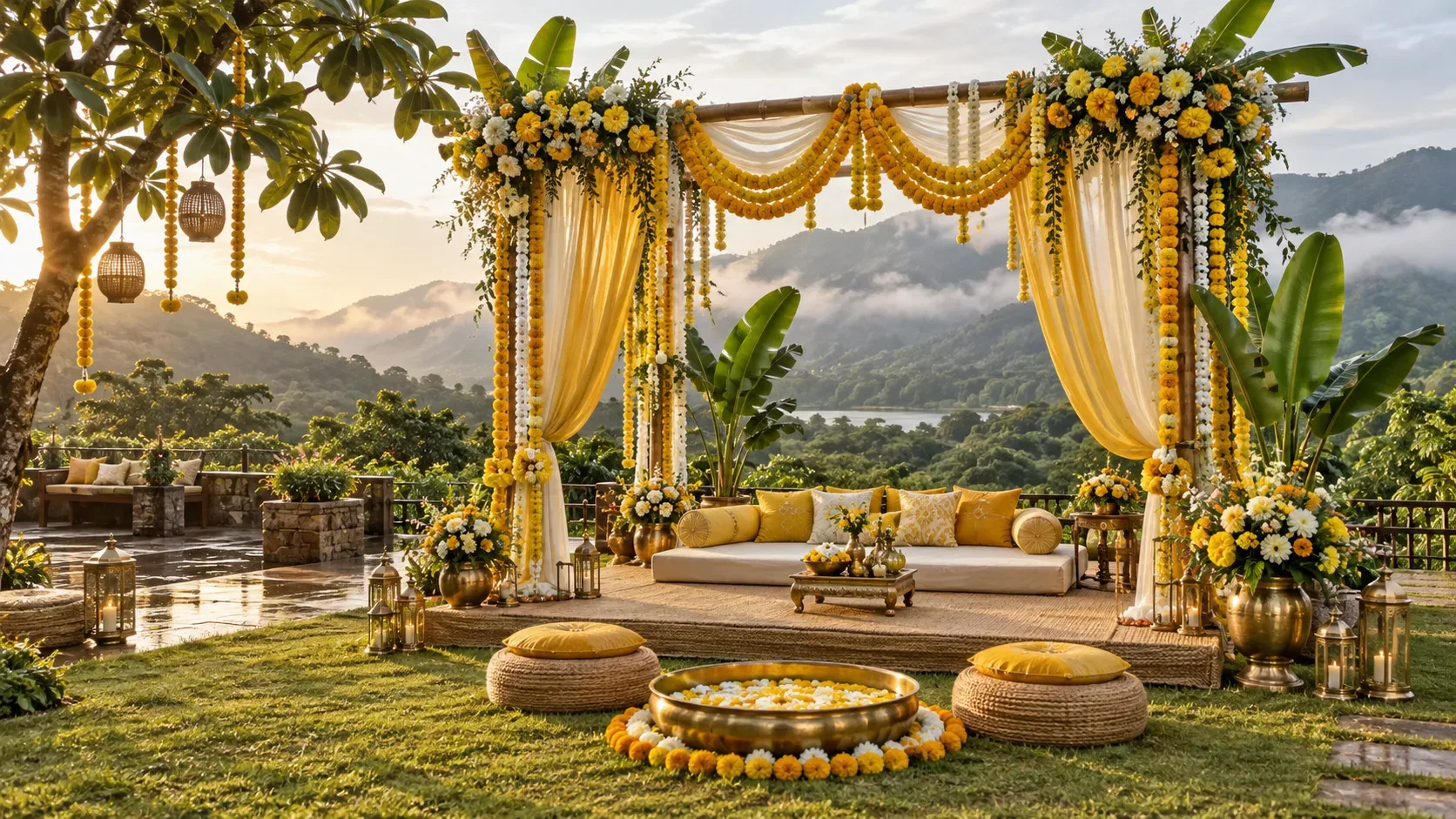 Haldi and mehendi decor for a destination wedding in Karjat with Sahyadri mountain views