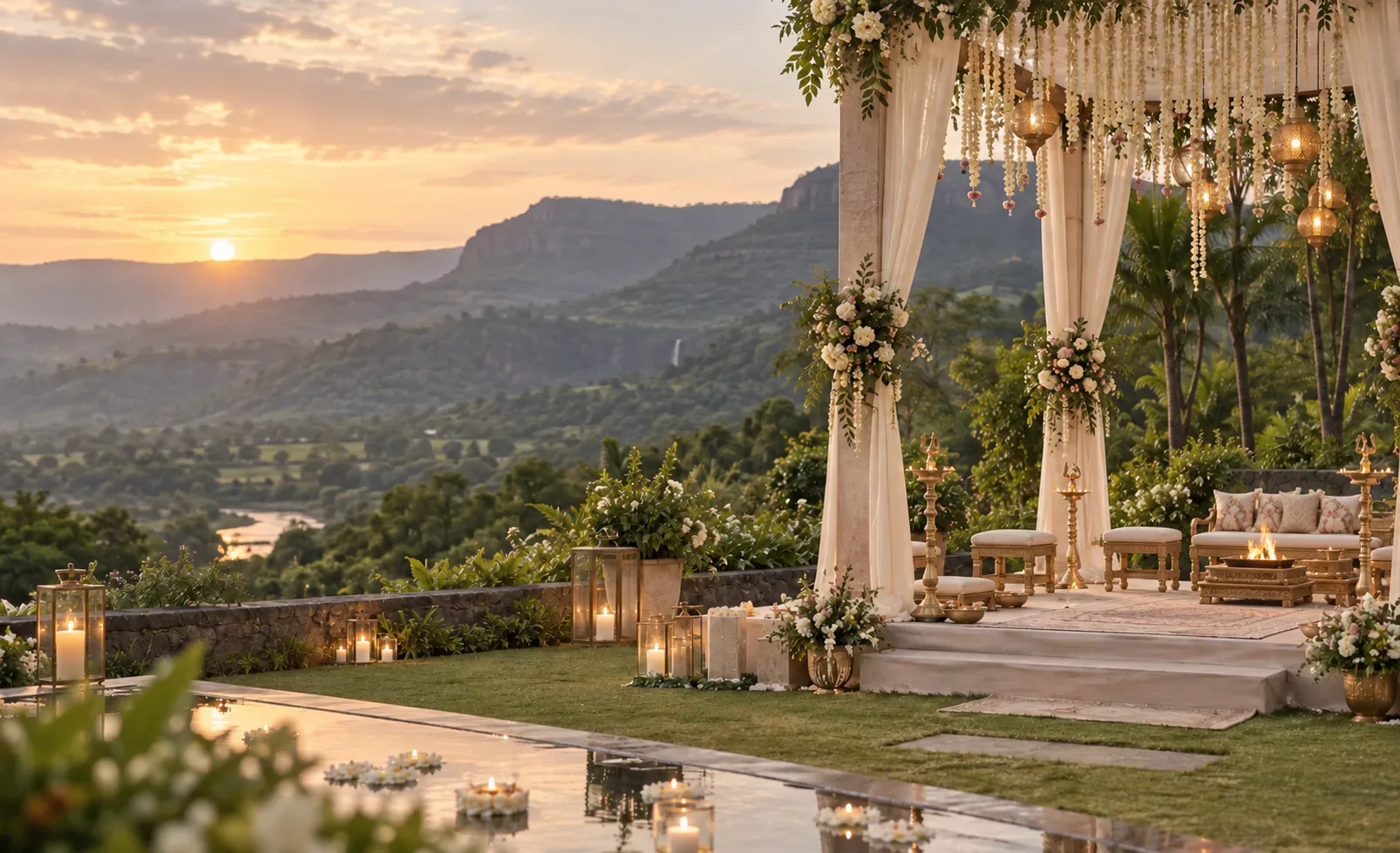 Sangeet evening decor for a destination wedding in Karjat with illuminated stage and mountain sunset